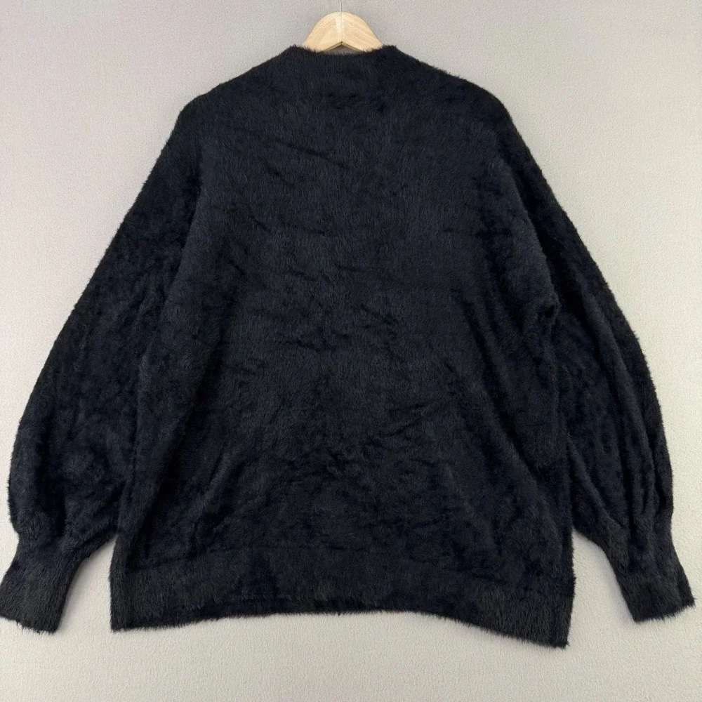 Chico's Fuzzy Eyelash Knit Sweater Women Size L Black Balloon Sleeve Pullover